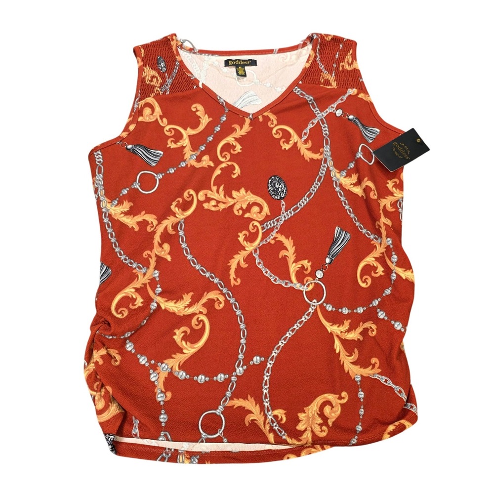 Goddess Baroque Chain Print Blouse Women's Size XL Orange Sleeveless Ruched NWT